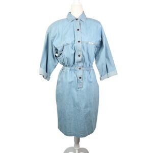 Vintage 80s Ideas Light Wash Blue Denim Midi Shirt Dress S